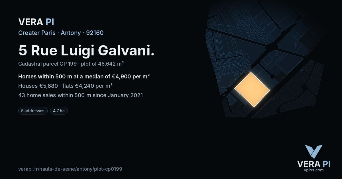 5 Rue Luigi Galvani, Antony at night – the plot lit, the parcels around coloured by the prices near them