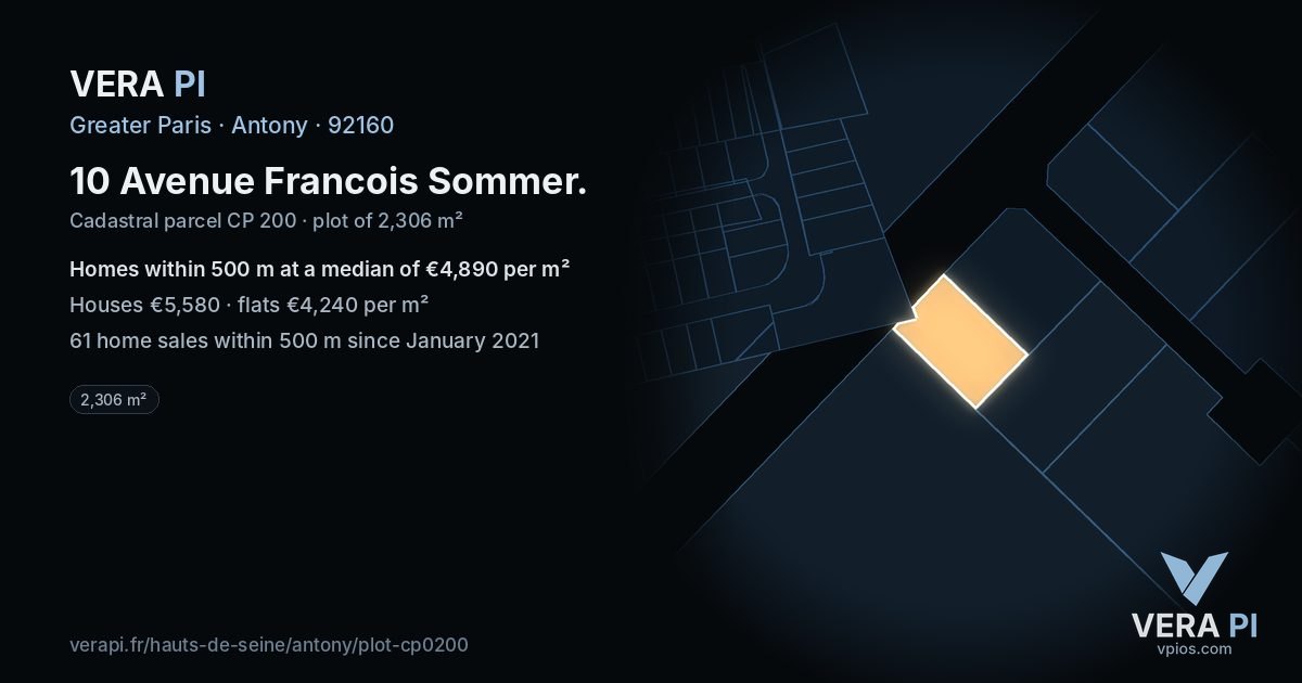 10 Avenue Francois Sommer, Antony at night – the plot lit, the parcels around coloured by the prices near them