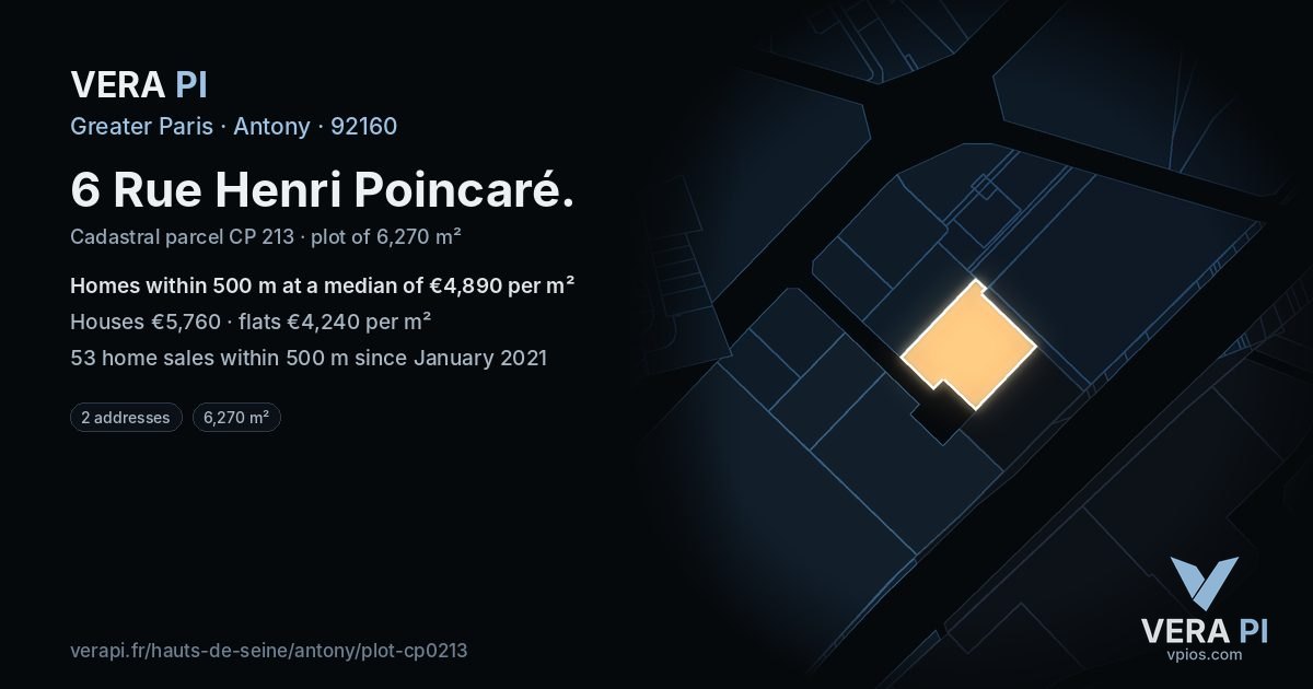 6 Rue Henri Poincaré, Antony at night – the plot lit, the parcels around coloured by the prices near them