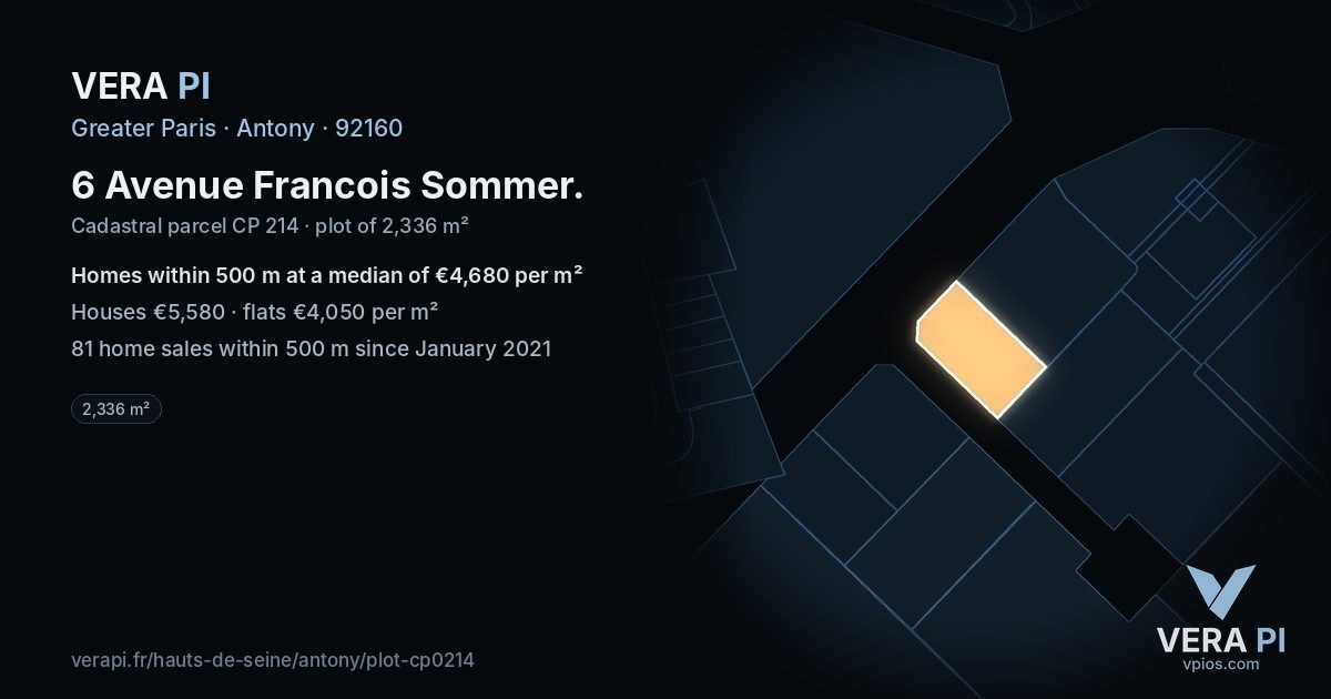 6 Avenue Francois Sommer, Antony at night – the plot lit, the parcels around coloured by the prices near them