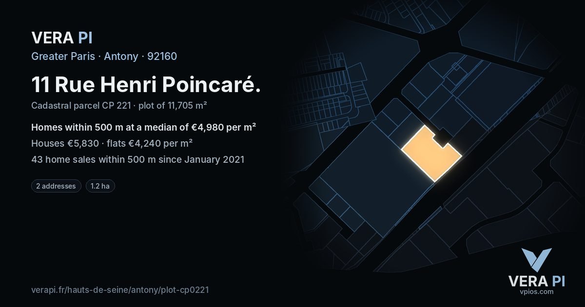 11 Rue Henri Poincaré, Antony at night – the plot lit, the parcels around coloured by the prices near them