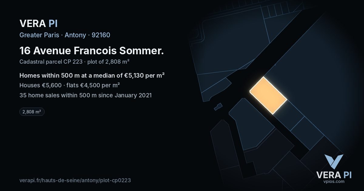 16 Avenue Francois Sommer, Antony at night – the plot lit, the parcels around coloured by the prices near them