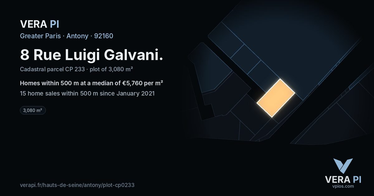 8 Rue Luigi Galvani, Antony at night – the plot lit, the parcels around coloured by the prices near them