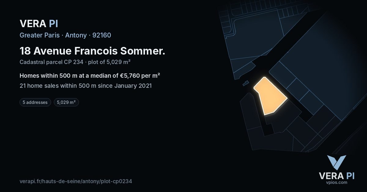 18 Avenue Francois Sommer, Antony at night – the plot lit, the parcels around coloured by the prices near them