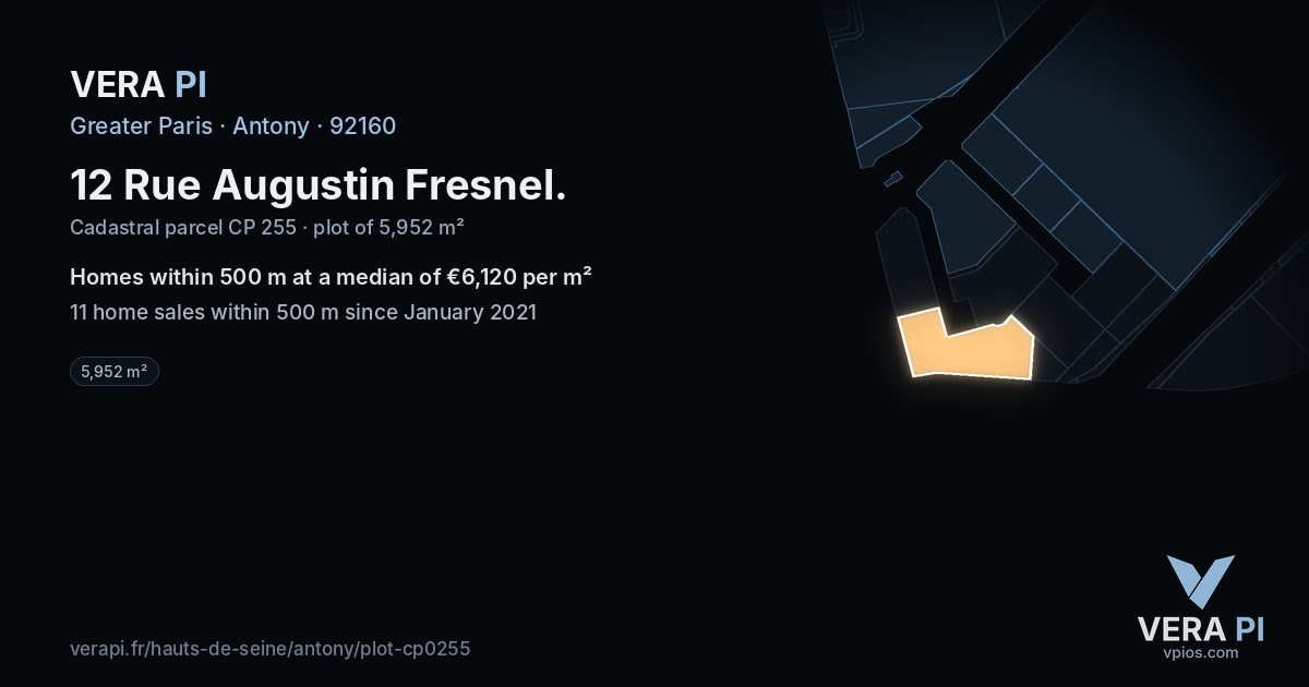 12 Rue Augustin Fresnel, Antony at night – the plot lit, the parcels around coloured by the prices near them