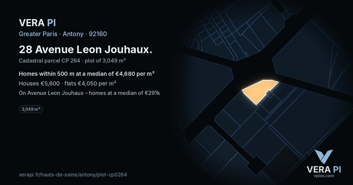 28 Avenue Leon Jouhaux, Antony at night – the plot lit, the parcels around coloured by the prices near them