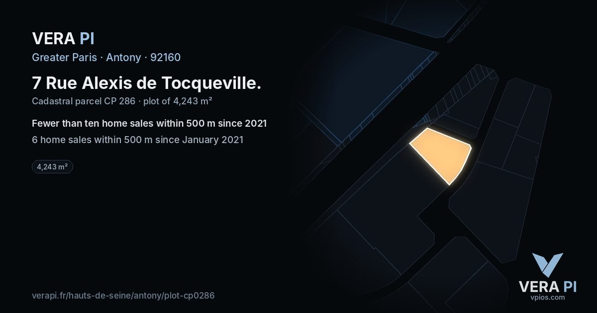 7 Rue Alexis de Tocqueville, Antony at night – the plot lit, the parcels around coloured by the prices near them