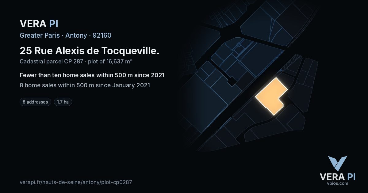 25 Rue Alexis de Tocqueville, Antony at night – the plot lit, the parcels around coloured by the prices near them