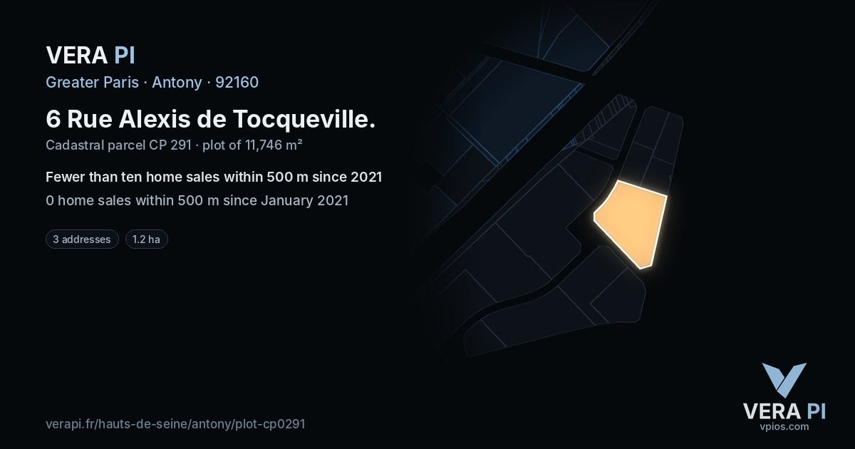 6 Rue Alexis de Tocqueville, Antony at night – the plot lit, the parcels around coloured by the prices near them