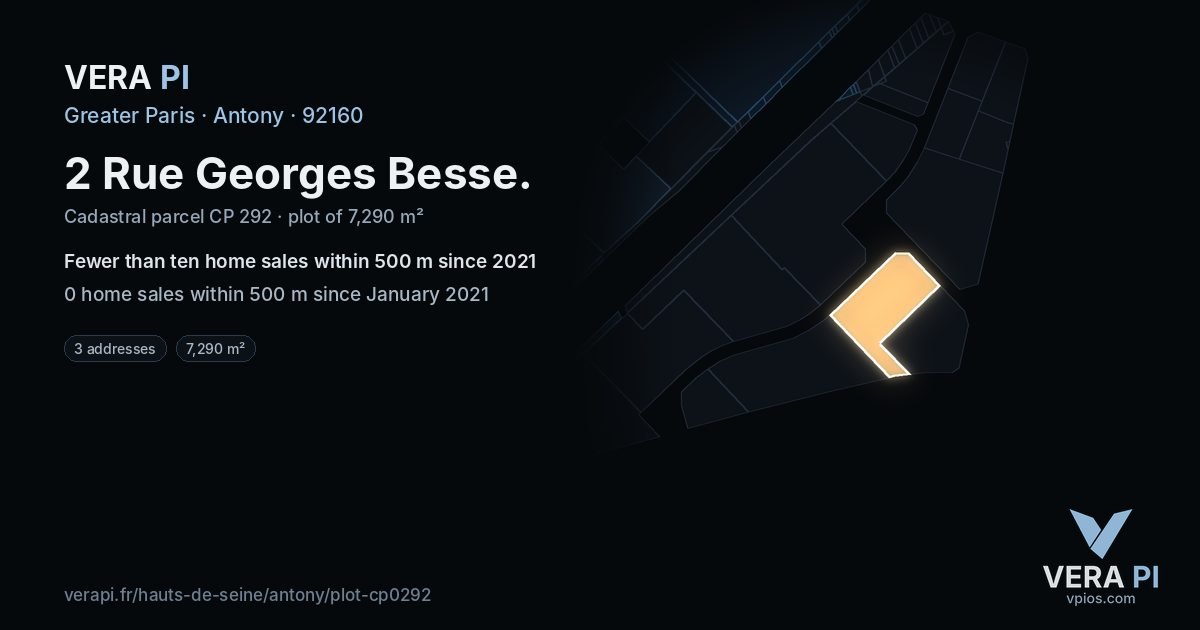 2 Rue Georges Besse, Antony at night – the plot lit, the parcels around coloured by the prices near them