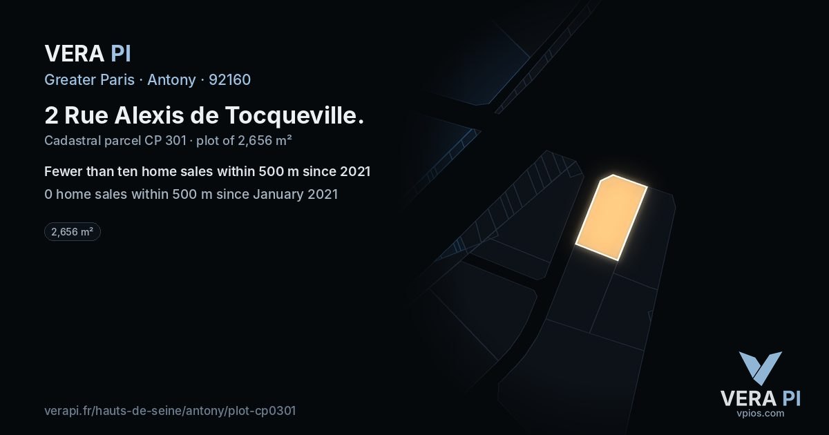 2 Rue Alexis de Tocqueville, Antony at night – the plot lit, the parcels around coloured by the prices near them