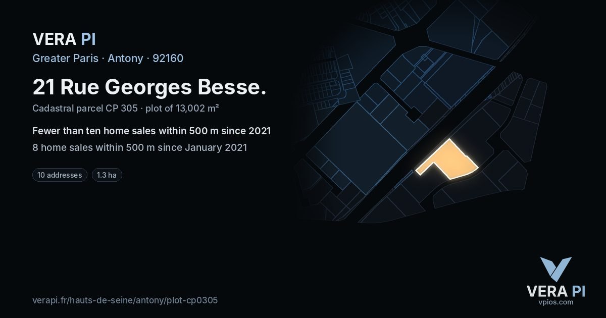 21 Rue Georges Besse, Antony at night – the plot lit, the parcels around coloured by the prices near them