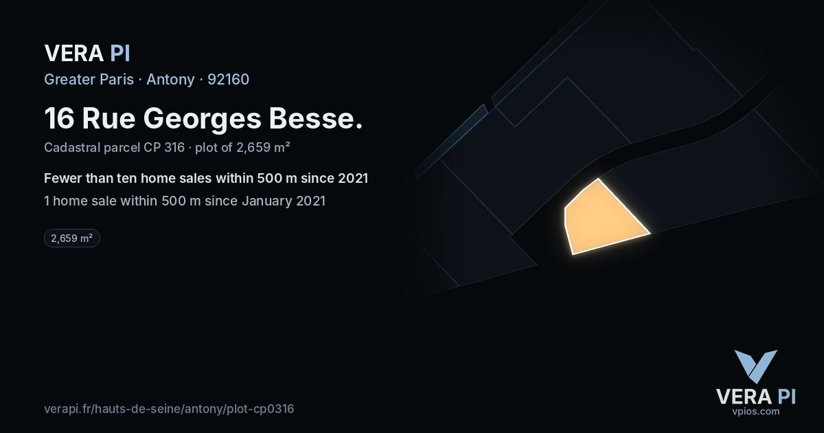 16 Rue Georges Besse, Antony at night – the plot lit, the parcels around coloured by the prices near them
