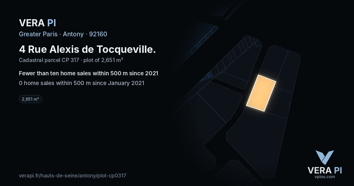 4 Rue Alexis de Tocqueville, Antony at night – the plot lit, the parcels around coloured by the prices near them