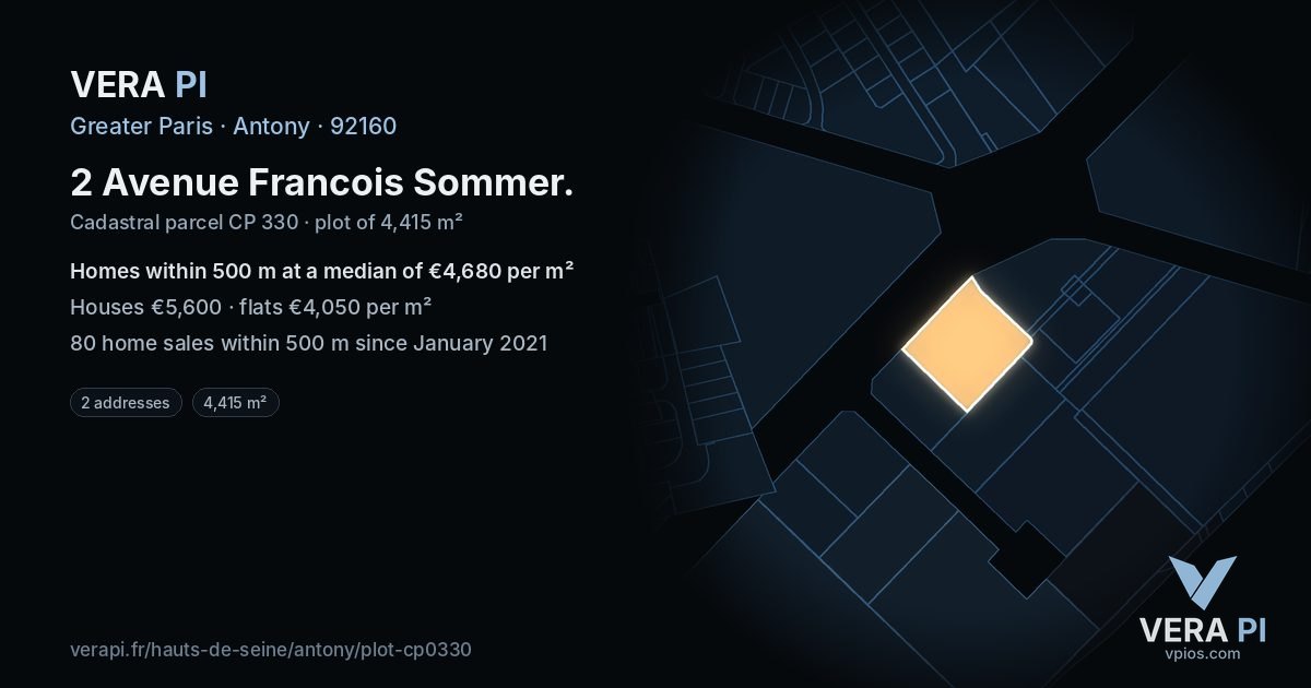 2 Avenue Francois Sommer, Antony at night – the plot lit, the parcels around coloured by the prices near them