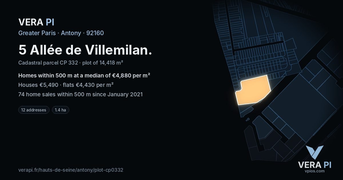 5 Allée de Villemilan, Antony at night – the plot lit, the parcels around coloured by the prices near them