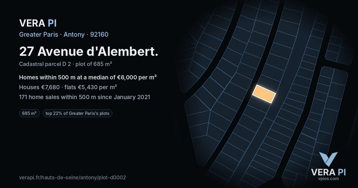 27 Avenue d'Alembert, Antony at night – the plot lit, the parcels around coloured by the prices near them