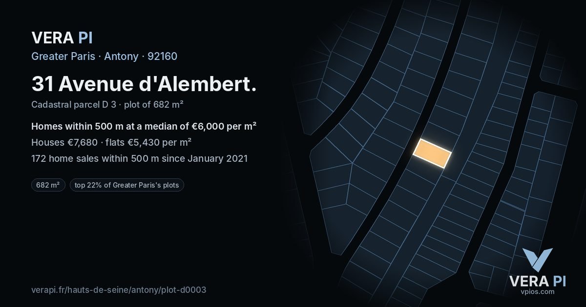 31 Avenue d'Alembert, Antony at night – the plot lit, the parcels around coloured by the prices near them
