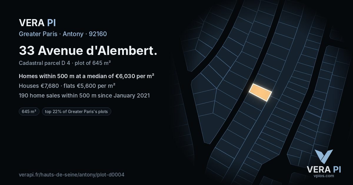 33 Avenue d'Alembert, Antony at night – the plot lit, the parcels around coloured by the prices near them