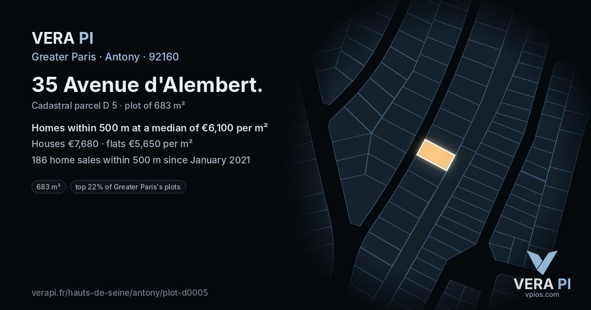 35 Avenue d'Alembert, Antony at night – the plot lit, the parcels around coloured by the prices near them