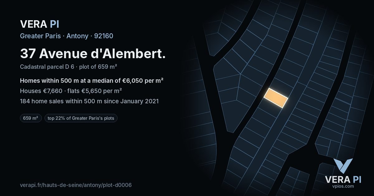 37 Avenue d'Alembert, Antony at night – the plot lit, the parcels around coloured by the prices near them