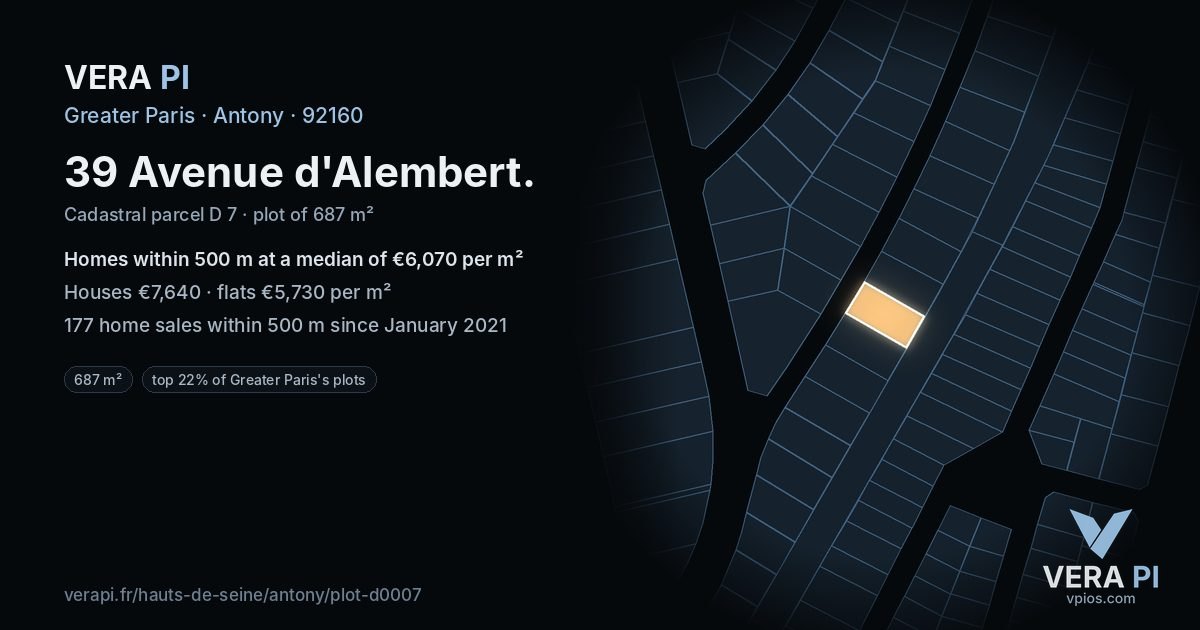 39 Avenue d'Alembert, Antony at night – the plot lit, the parcels around coloured by the prices near them