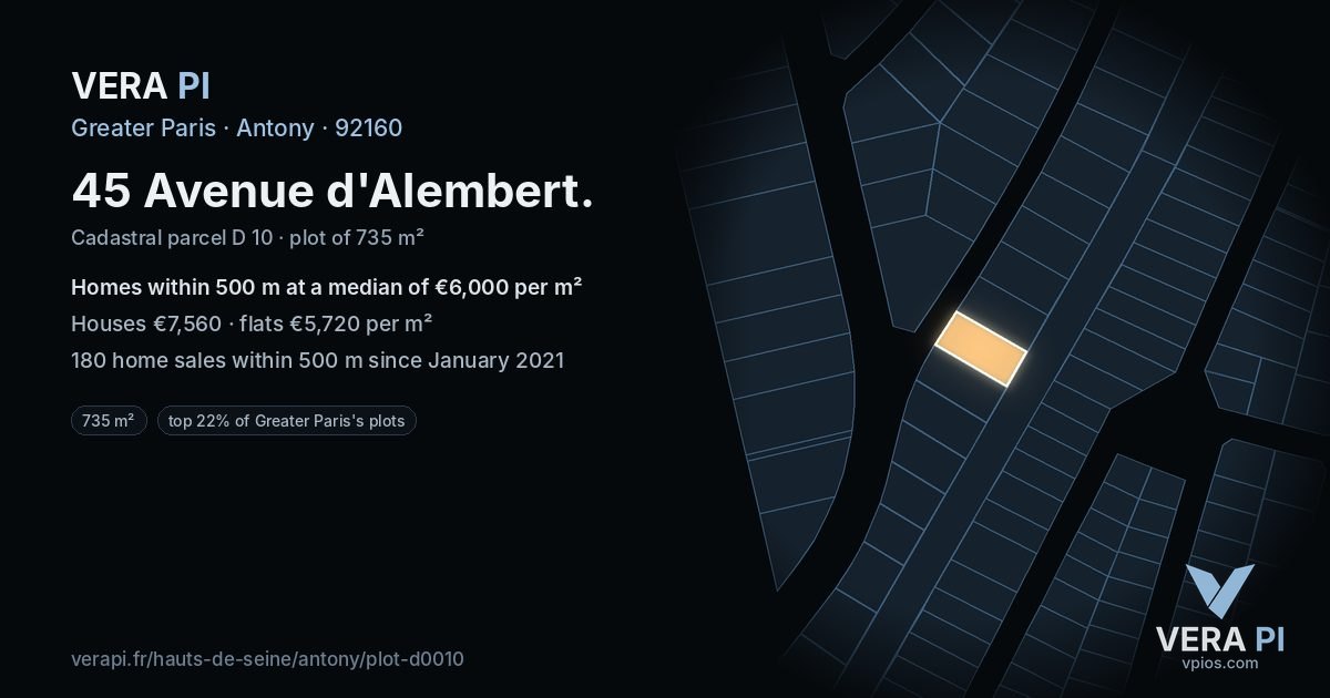 45 Avenue d'Alembert, Antony at night – the plot lit, the parcels around coloured by the prices near them