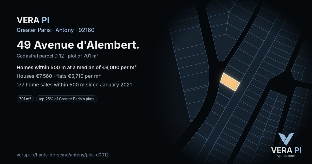 49 Avenue d'Alembert, Antony at night – the plot lit, the parcels around coloured by the prices near them