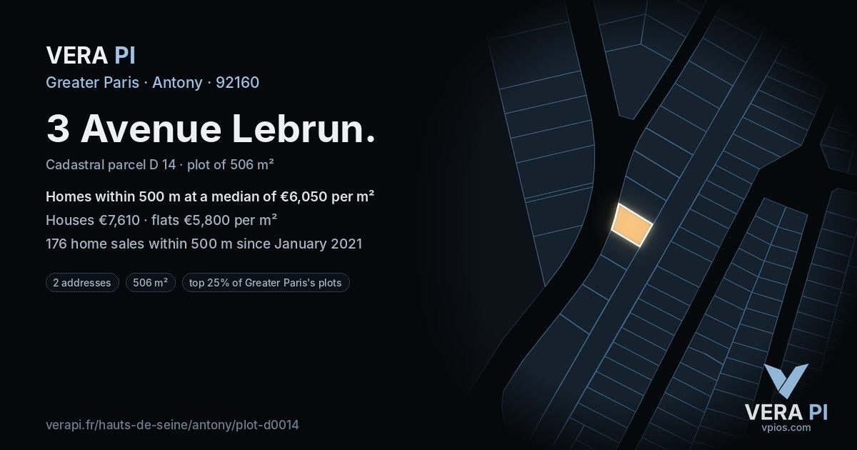 3 Avenue Lebrun, Antony at night – the plot lit, the parcels around coloured by the prices near them
