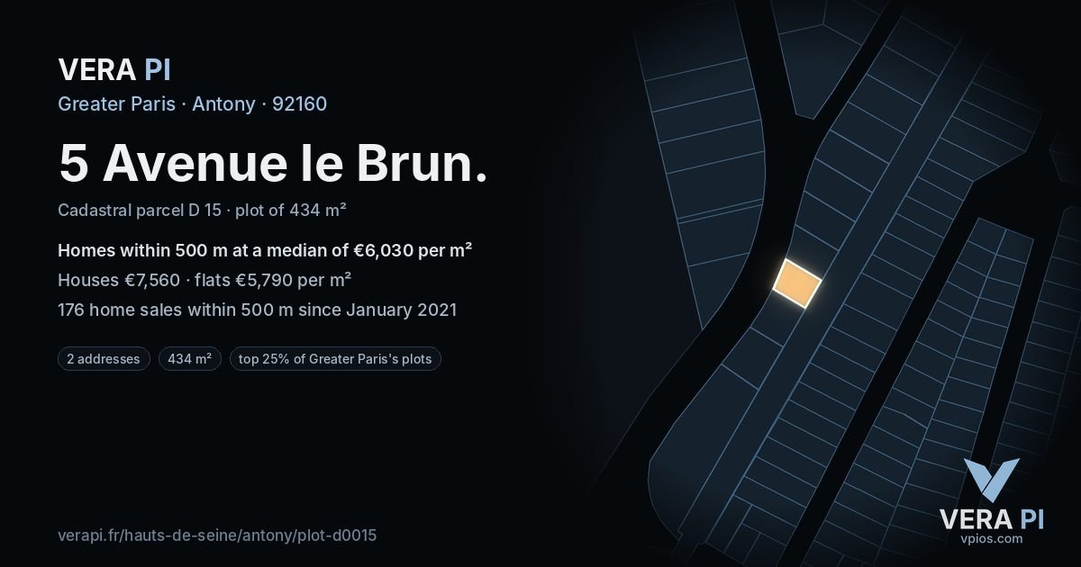 5 Avenue le Brun, Antony at night – the plot lit, the parcels around coloured by the prices near them