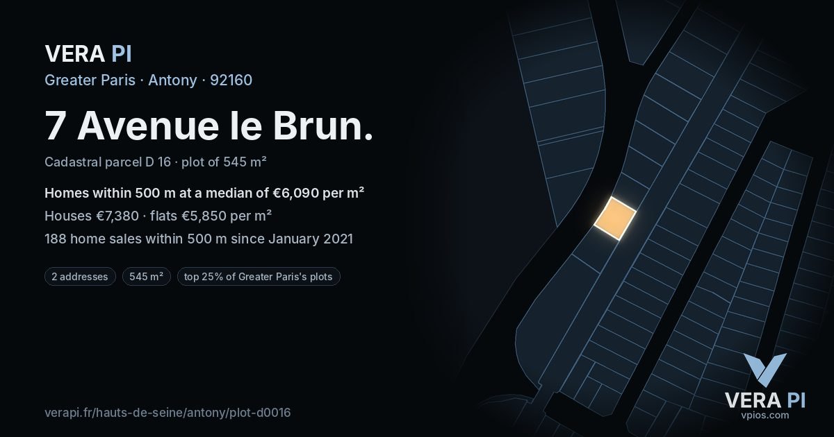 7 Avenue le Brun, Antony at night – the plot lit, the parcels around coloured by the prices near them