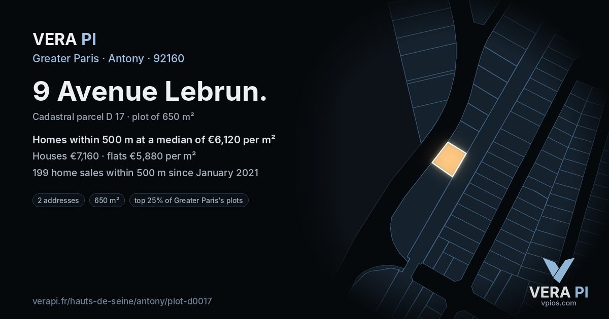 9 Avenue Lebrun, Antony at night – the plot lit, the parcels around coloured by the prices near them