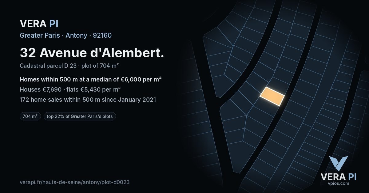 32 Avenue d'Alembert, Antony at night – the plot lit, the parcels around coloured by the prices near them
