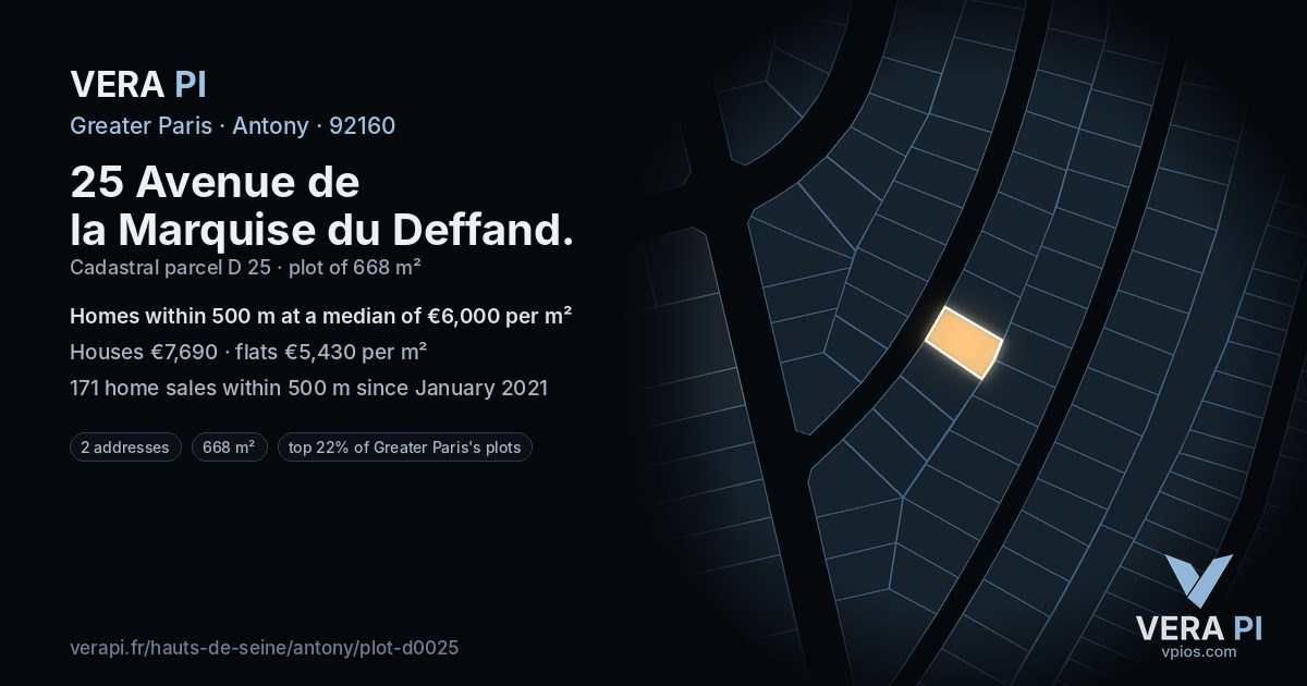 25 Avenue de la Marquise du Deffand, Antony at night – the plot lit, the parcels around coloured by the prices near them