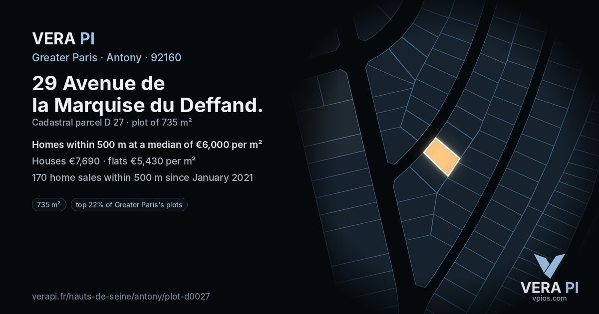 29 Avenue de la Marquise du Deffand, Antony at night – the plot lit, the parcels around coloured by the prices near them