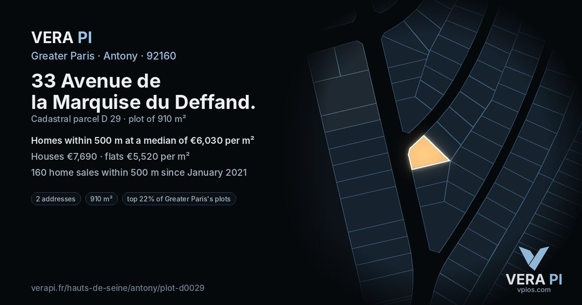 33 Avenue de la Marquise du Deffand, Antony at night – the plot lit, the parcels around coloured by the prices near them