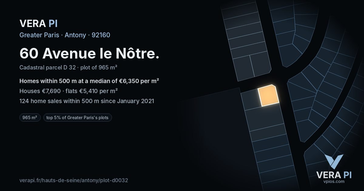 60 Avenue le Nôtre, Antony at night – the plot lit, the parcels around coloured by the prices near them
