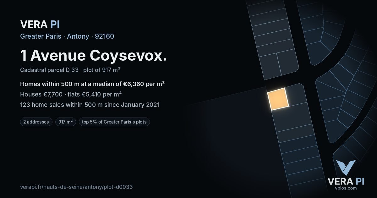 1 Avenue Coysevox, Antony at night – the plot lit, the parcels around coloured by the prices near them