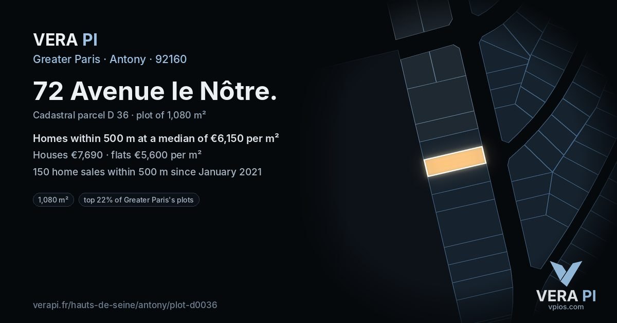 72 Avenue le Nôtre, Antony at night – the plot lit, the parcels around coloured by the prices near them