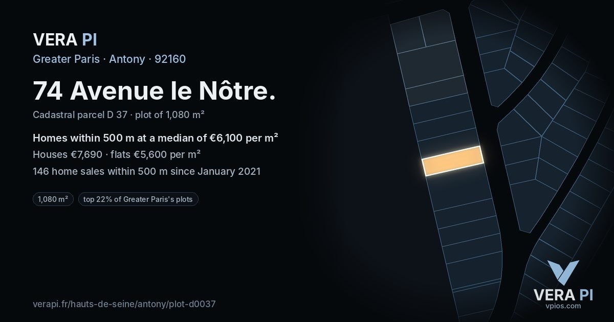 74 Avenue le Nôtre, Antony at night – the plot lit, the parcels around coloured by the prices near them