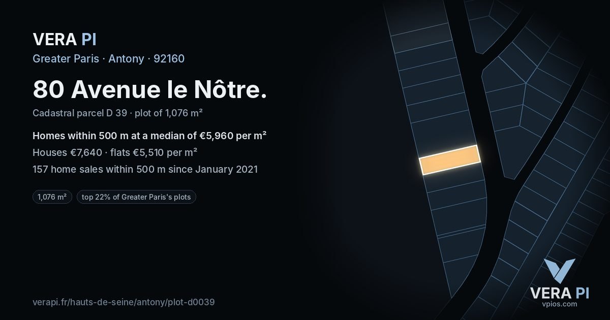 80 Avenue le Nôtre, Antony at night – the plot lit, the parcels around coloured by the prices near them