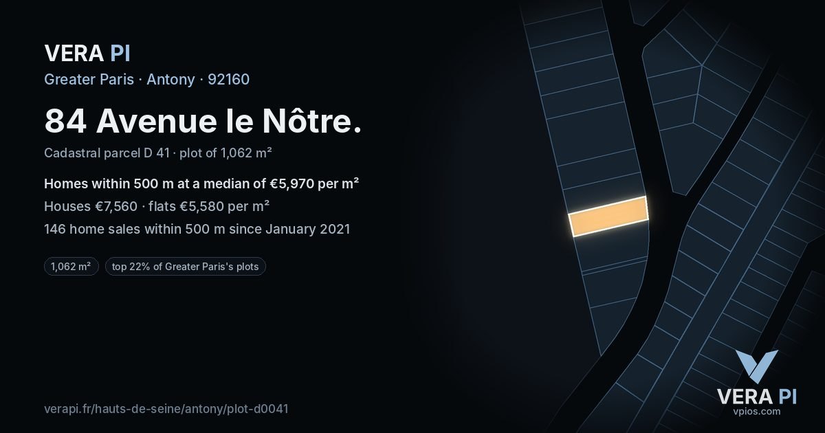 84 Avenue le Nôtre, Antony at night – the plot lit, the parcels around coloured by the prices near them