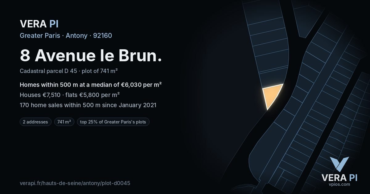 8 Avenue le Brun, Antony at night – the plot lit, the parcels around coloured by the prices near them