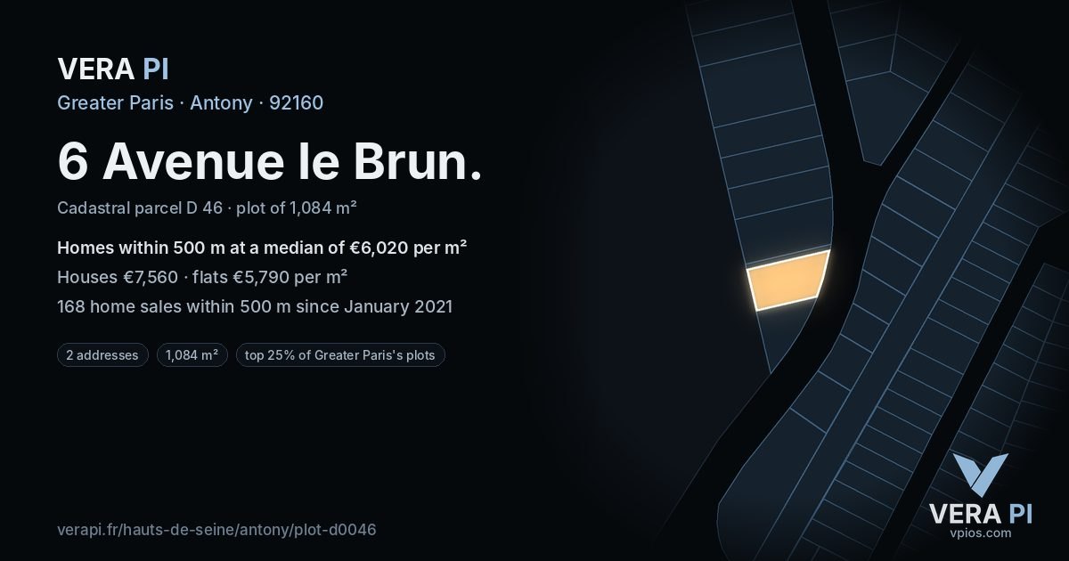 6 Avenue le Brun, Antony at night – the plot lit, the parcels around coloured by the prices near them