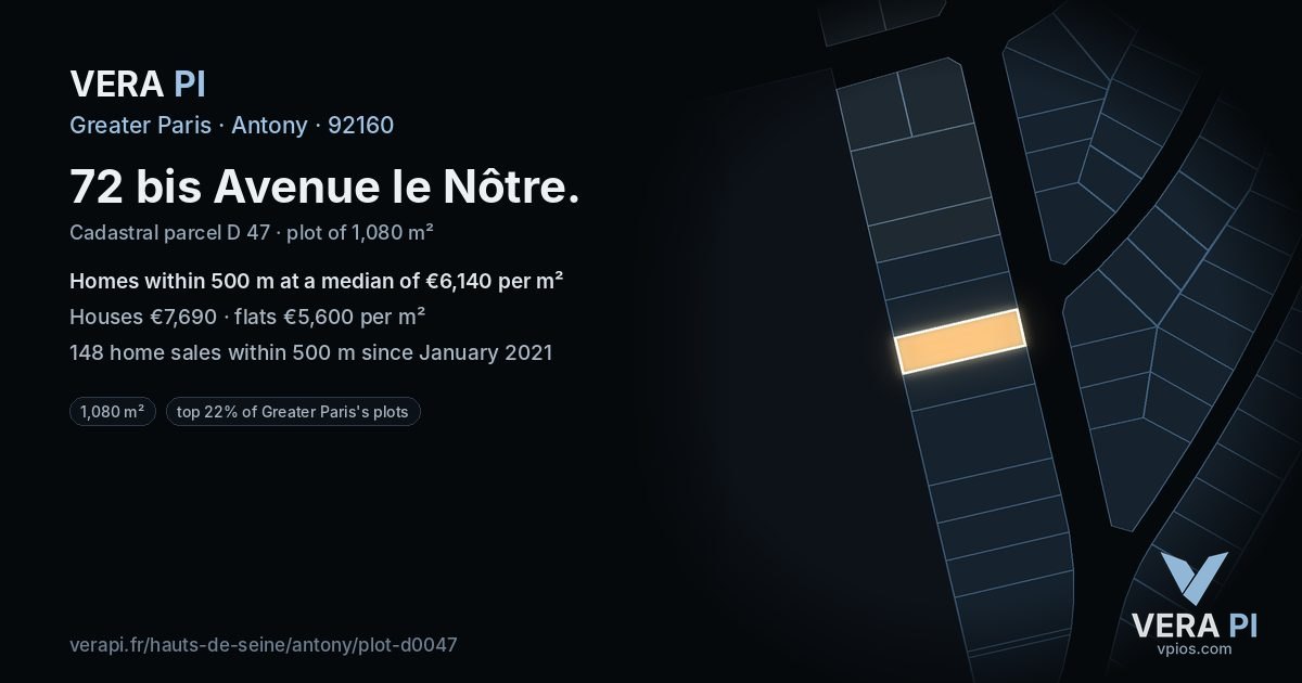 72 bis Avenue le Nôtre, Antony at night – the plot lit, the parcels around coloured by the prices near them