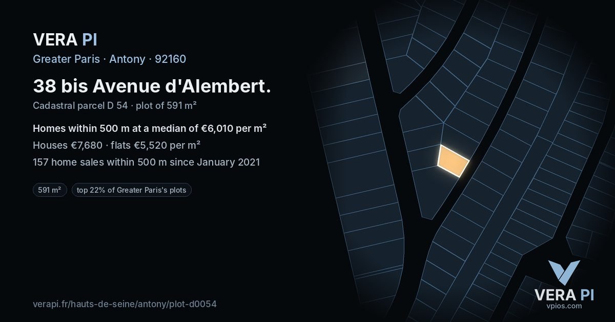 38 bis Avenue d'Alembert, Antony at night – the plot lit, the parcels around coloured by the prices near them
