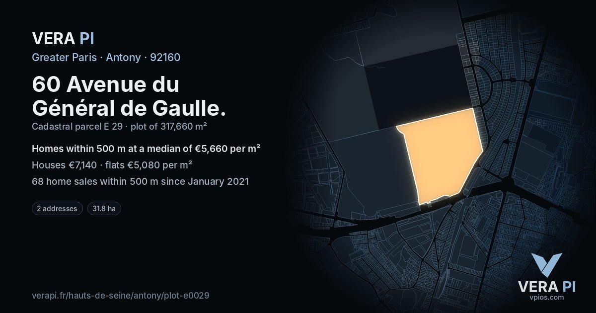 60 Avenue du Général de Gaulle, Antony at night – the plot lit, the parcels around coloured by the prices near them