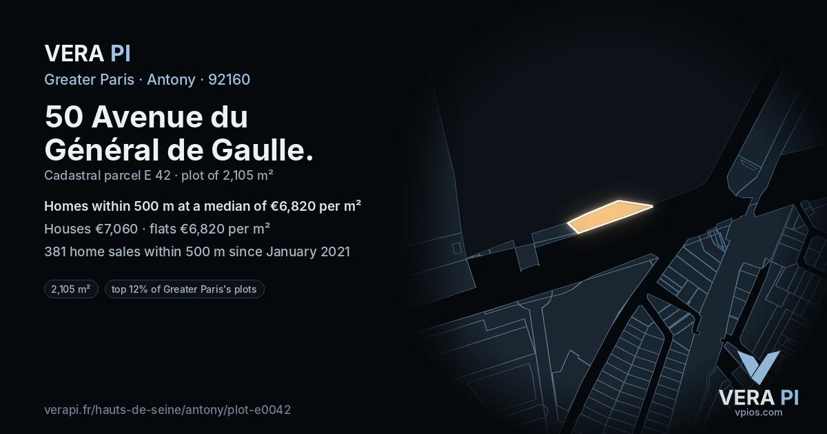50 Avenue du Général de Gaulle, Antony at night – the plot lit, the parcels around coloured by the prices near them
