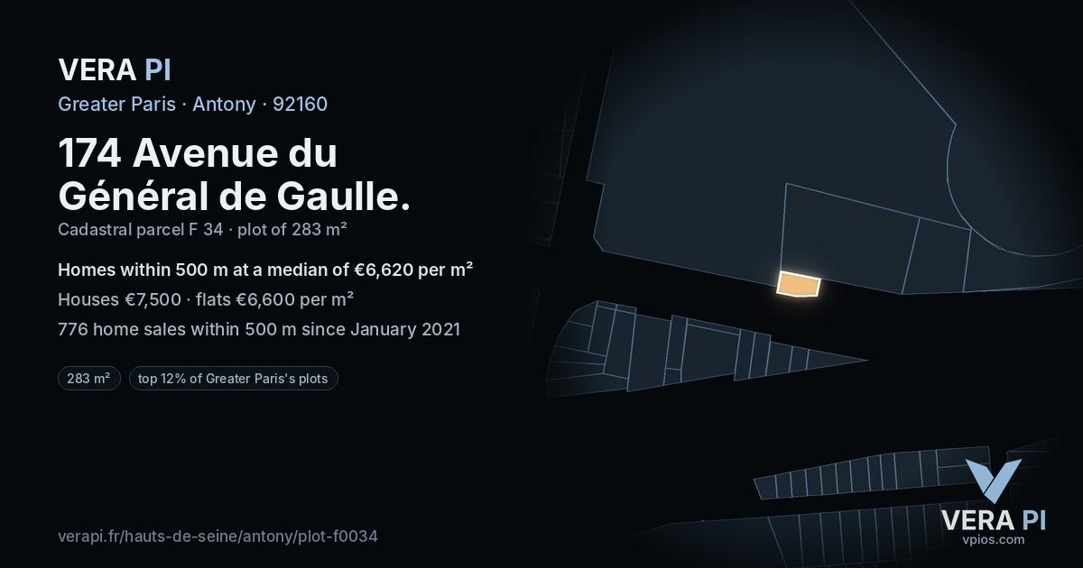 174 Avenue du Général de Gaulle, Antony at night – the plot lit, the parcels around coloured by the prices near them