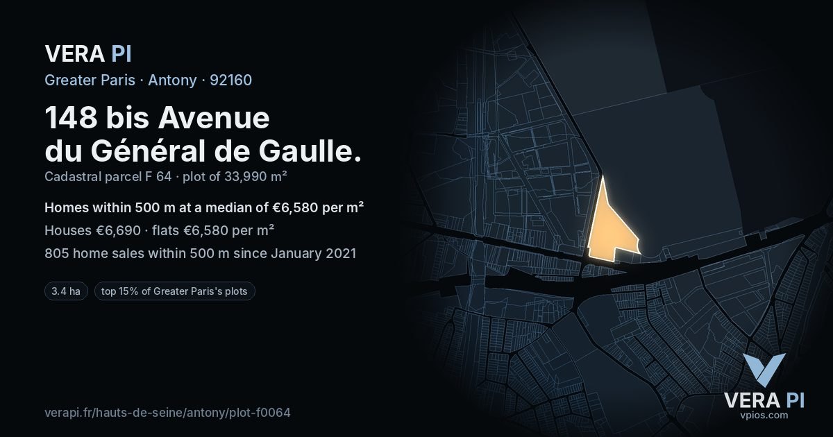 148 bis Avenue du Général de Gaulle, Antony at night – the plot lit, the parcels around coloured by the prices near them